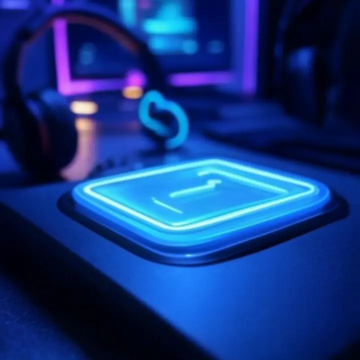 Atmosferyczna scena checkoutu w klimacie neonowego gamingu