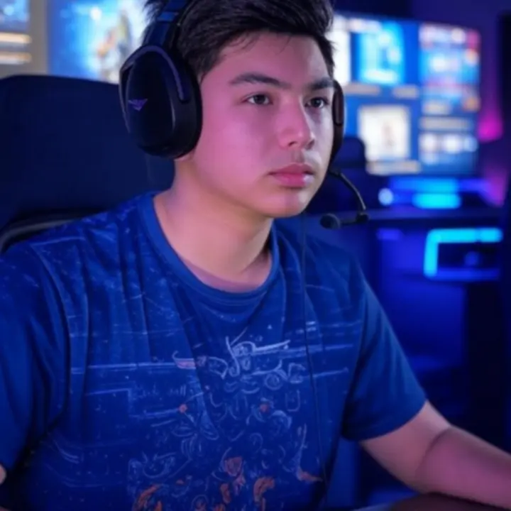 Gracz oceniający najnowszą grę w futurystycznym, neonowym interfejsie