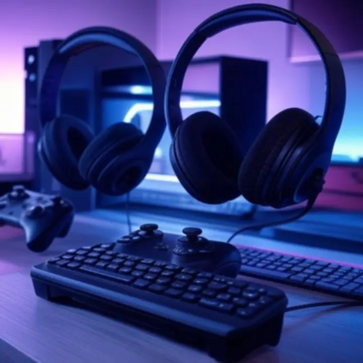 Nowoczesne stanowisko gamingowe z monitorami, klawiaturą, myszką i słuchawkami