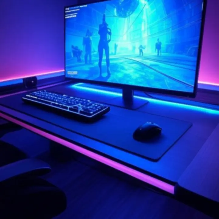 Dynamiczny gracz otoczony neonowymi efektami i ekranami z grami