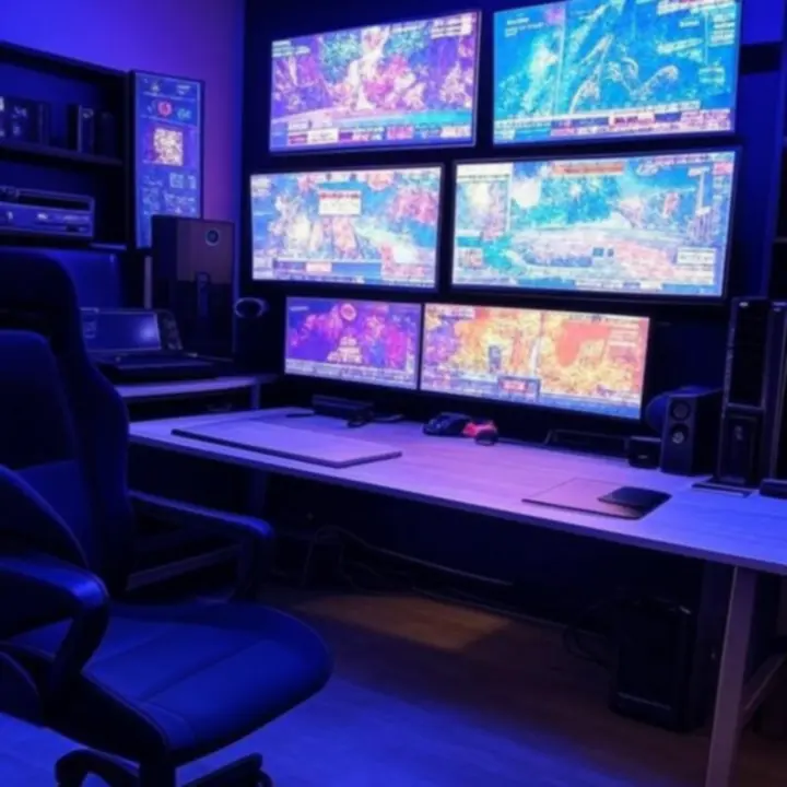 Nowoczesny gaming room z różnymi konsolami i komputerem, symbolizujący wybór platform